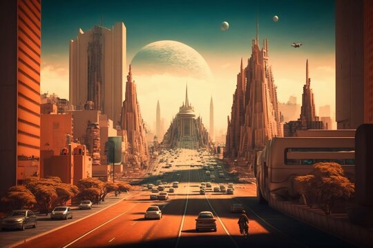 Life on a mars, metropolis city, traffic. Generative AI