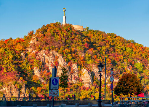Liberty statue on Gellert mountain in autumn, Budapest, Hungary