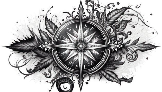 Tattoo of compass with intricate details in black hand drawn style isolated on white generative ai