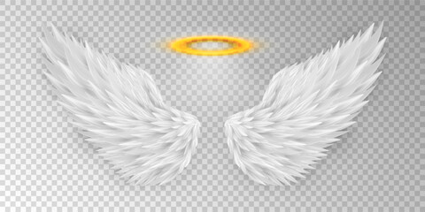 Fototapeta na wymiar Three dimensional angel white wings and shiny nimbus. Masquerade, festival, carnival costume. Realistic saint aureole (halo) and wings isolated on transparent background. Vector illustrator EPS 10