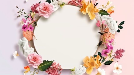 Floral abstract background, mix of watercolor flowers on white circle frame with copy space for text. Created using generative AI. 
