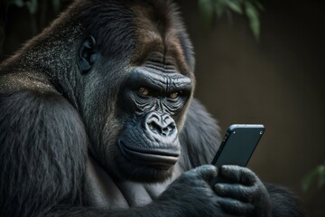 Obraz premium Gorilla monkey looking at smartphone. Generative AI