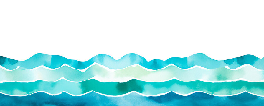 Ocean wave with copy space for text, Blue, teal, turquoise, white. Cartoon happy pool wave for pool party or beach travel. Png, isolated, transparent banner or background graphic.