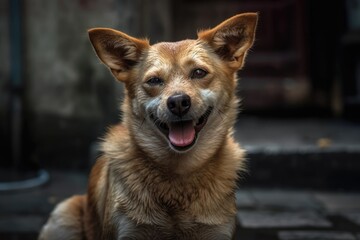 Thai dog with a silly expression or a dog grinning against a background of concrete. Generative AI
