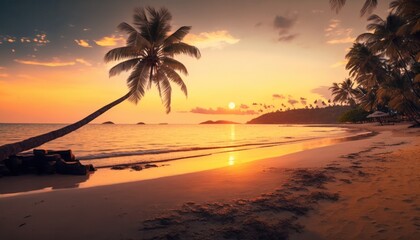 Tropical beach sea and ocean with coconut palm tree in beautiful sunrise time generative ai