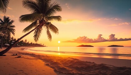 Fototapeta na wymiar Tropical beach sea and ocean with coconut palm tree in beautiful sunrise time generative ai
