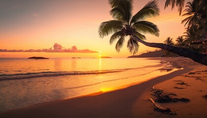 Plakat Tropical beach sea and ocean with coconut palm tree in beautiful sunrise time generative ai