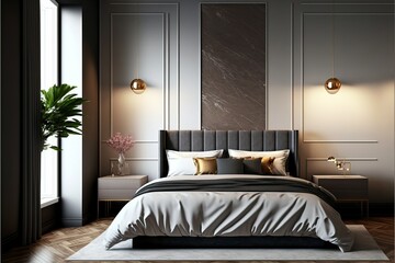 Obraz premium Serene and Minimalistic Bedroom Interior with a Touch of Rustic Charm