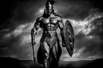 Medieval warrior standing in front of the gloomy clouds. Neural network AI generated art