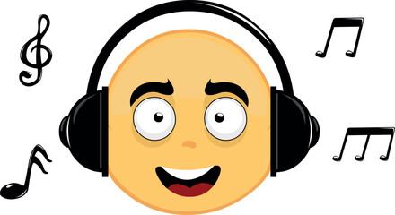 vector emoticon illustration face of a yellow cartoon character, listening to music with headphones with musical notes
