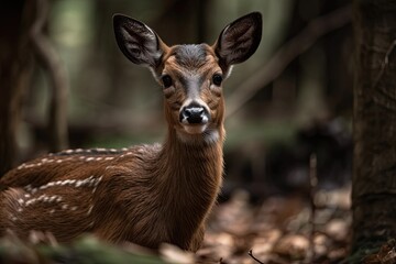Fototapeta premium Juvenile roe deer in the woods munching on grass. Generative AI