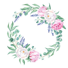 Watercolor peonies, eucalyptus, lavender branches wreath, round frame isolated on white background. Hand drawn botanical illustration. For wedding invitations, save the date, greeting card, logos