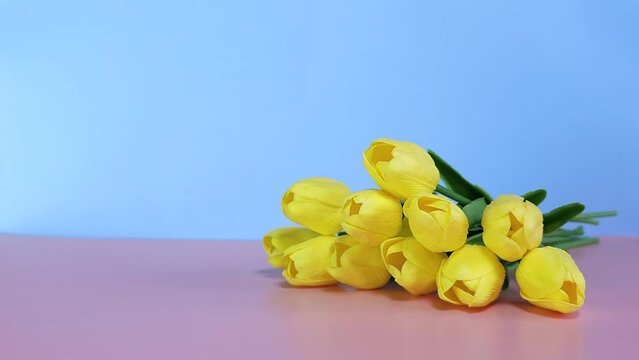 An image of yellow tulips on a pink-blue background with space for text.