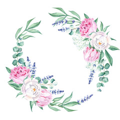 Watercolor peonies, eucalyptus, lavender branches wreath, round frame isolated on white background. Hand drawn botanical illustration. For wedding invitations, save the date, greeting card, logos