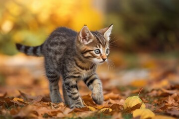 Naklejka na ściany i meble Tabby kitten strolling through an autumn park. Generative AI