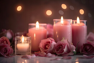 Obraz na płótnie Canvas pink candles and roses. Generative AI image.