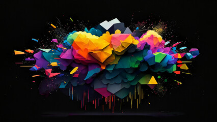 Exploding abstract geometric design in rainbow colored cloud
