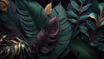 Tropical jungle leaves in deep dark colors baroque background concept generative ai