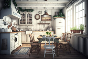 old interior of kitchen with white furniture and dining ,generative artificial intelligence
