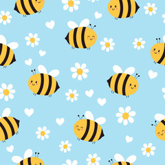 Cute bee and daisy seamless pattern. Summer or spring cartoon background with honey bee and flowers. Vector illustration.