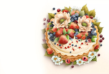 Cake with blueberries on a white background. The cake is decorated with flowers. Banner. Generated AI