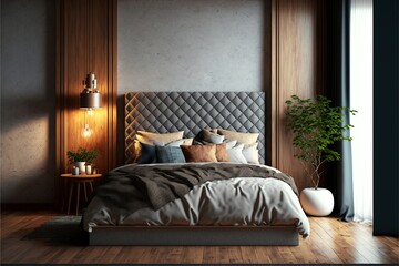 Serene and Minimalistic Bedroom Interior with a Touch of Rustic Charm