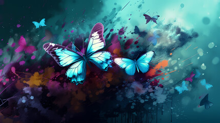 Fototapeta na wymiar Blue monarch butterfly painting. Blurred background. Generative AI
