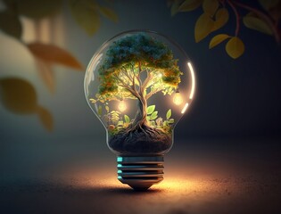 Energy Efficient Lightbulb With Small Tree - Saving Energy Development Concept - Electricity, generative ai
