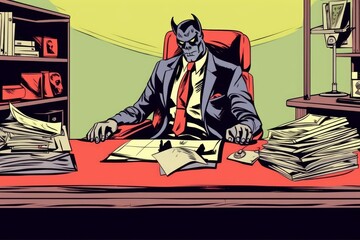 Devil in Modern Office: Red-Eyed Businessman in Comic Style Suit Sits Behind Table, Generative AI