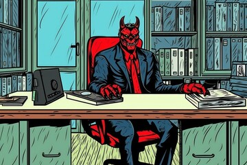 Devil in Modern Office: Red-Eyed Businessman in Comic Style Suit Sits Behind Table, Generative AI