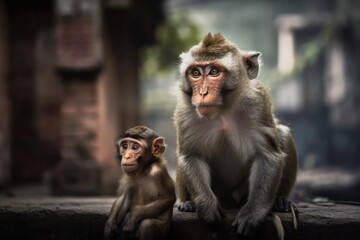 Monkey mother and youngster on the street in Kuala Lumpur, Malaysia. Generative AI