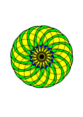 Rosette mit spiralförmig angeordneten gelben grünen und blauen elementen