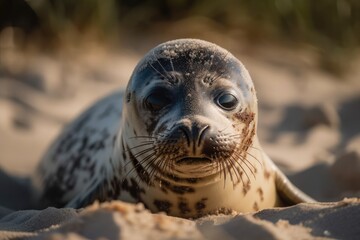 Really adorable seal on the beach on dune island near Helgoland, wild ocean, marine animals, Germany, Helgoland, and dune, a large number of seals, and the beginning of a new life. Generative AI