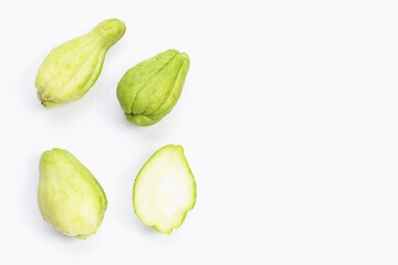 Fresh chayote fruit on white background.