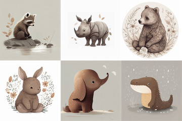 set of six cute animals, watercolor, illustration Generative AI