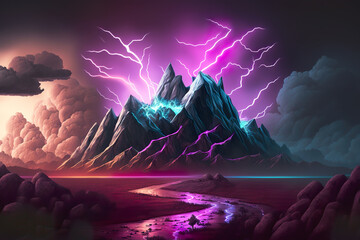 Abstract landscape background with glowing neon lights, storm clouds, lightning and rocky mountains and river at night. AI generated illustration.