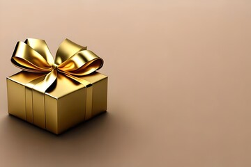 Obraz na płótnie Canvas Gift box with large golden bow. 3D realistic gift to present mockup for cosmetic product. Copy space banner for your text. Valentine, Birthday or Christmas 3d rendering. generative AI