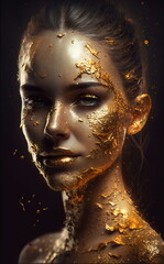 Beautiful woman with gold particles and gold liquid melting down