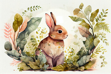 Watercolor hand drawn easter themed picture with bunny. Great for post cards. Generative ai.