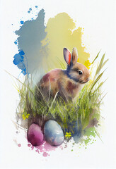 watercolor hand drawn easter themed picture with bunny and easter eggs. Great for postcards. Generative ai.