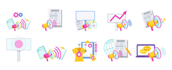 Advertising and promotion icons set. Promotion strategy. Digital Marketing.