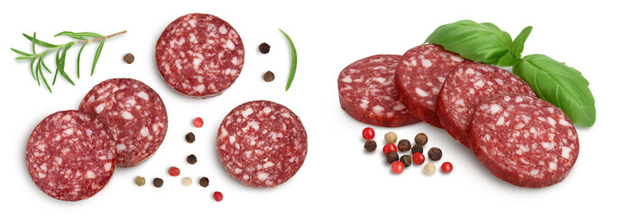 Smoked sausage salami slices isolated on white background with  full depth of field. Top view. Flat...