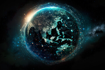 Space view of internet, global business, cyberspace connection lines. Telecommunications technology with connections around the Earth. Business innovation AI generated illustration.