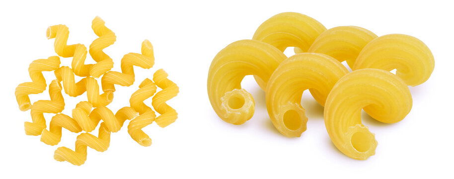 raw pasta cavatappi isolated on white background with  full depth of field. Top view. Flat lay
