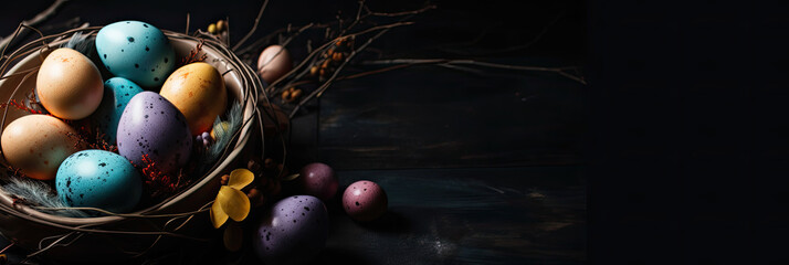 Painted Easter eggs in a basket on neutral background with copy space, generative ai illustration banner