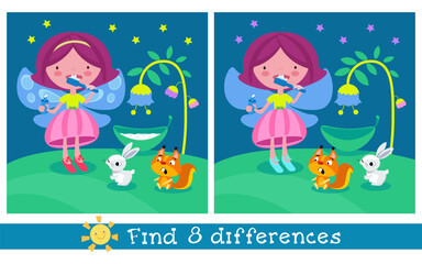 Find 8 hidden differences. Educational puzzle game for children. Cute little fairy brushes teeth. Cartoon characters with flowers. Vector illustration.