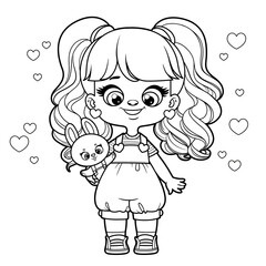 Cute cartoon girl with toy bunny in hand outlined for coloring page on a white background