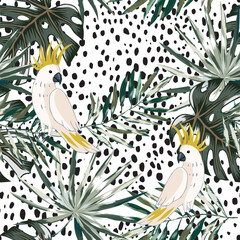 Parrots, monstera palm leaves, cheetah animal print background. Vector floral seamless pattern. Tropical illustration. Exotic plants, birds. Summer beach design. Paradise nature