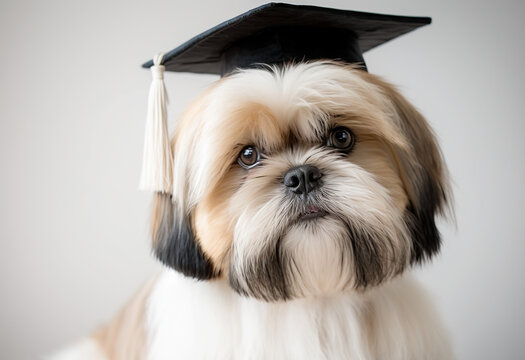 Lhasa Apso with graduation cap on white background Generative AI