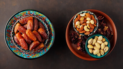 Dried dates and nuts on a dark background. Bowls of pitted dates, nuts and pistachio. Ramazan Iftar food. Top view